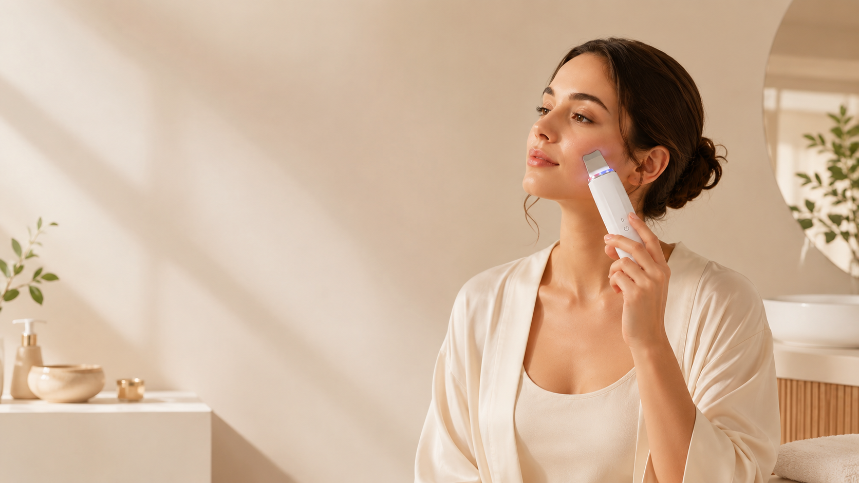 Woman using an at-home facial device